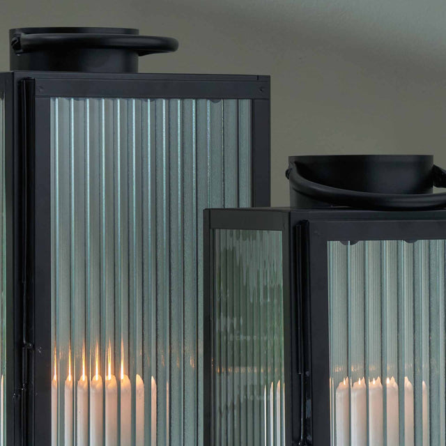 Jones Black & Ribbed Glass Lanterns S/2