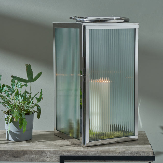 Riley Silver Ribbed Glass Large Lantern