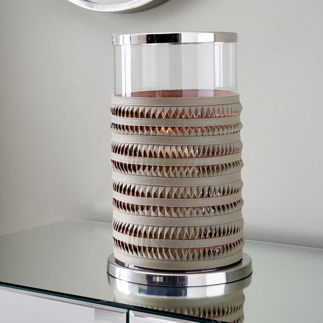 Thea Clear Glass and Grey Leather Large Hurricane Lantern