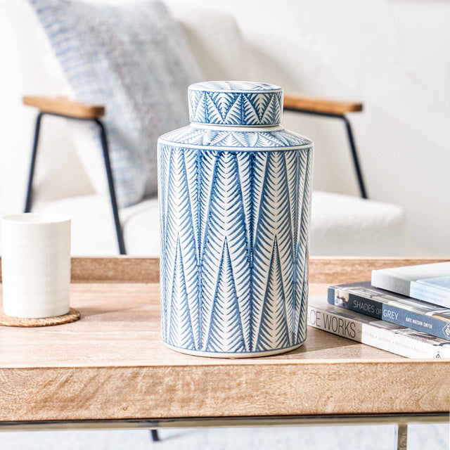 Kara Blue & White Ceramic Aztec Design Lidded Ginger Jar