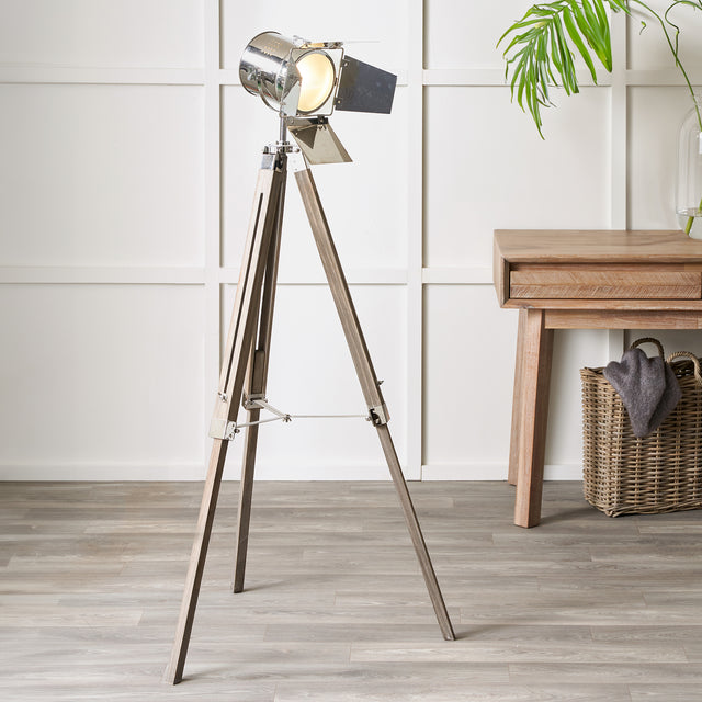 Bampton Grey Wood & Silver Metal Film Tripod Floor Lamp
