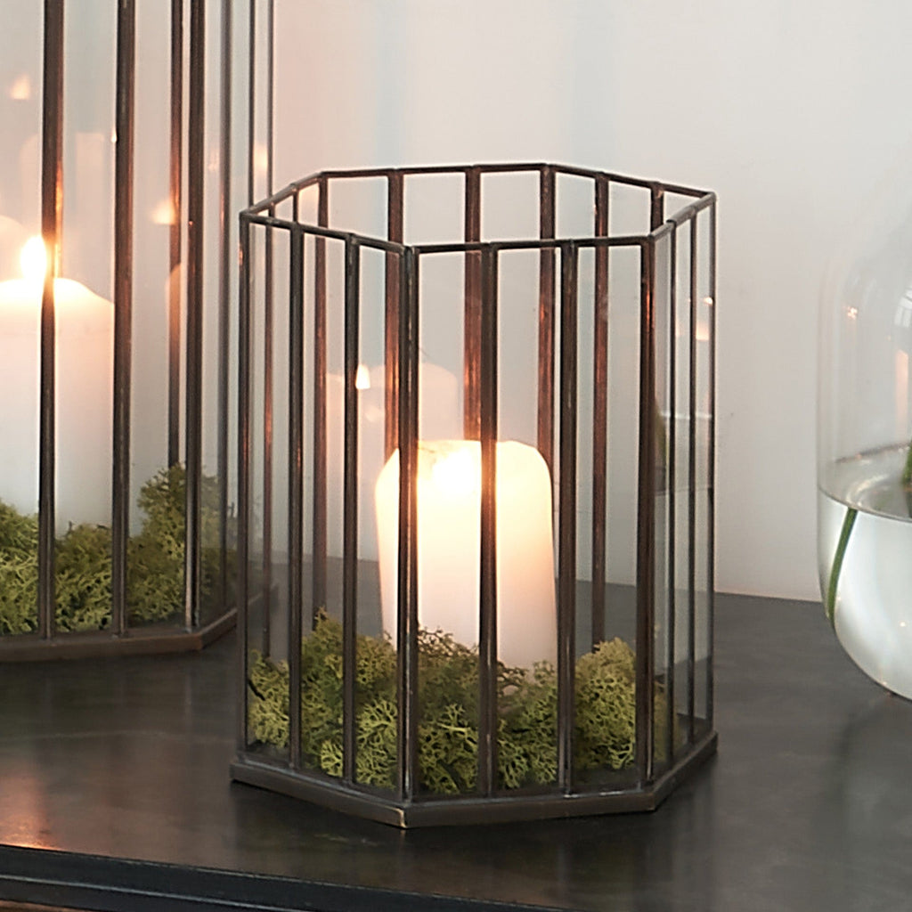 Venetia Black Brass Metal Glass Hexagonal Lantern Small