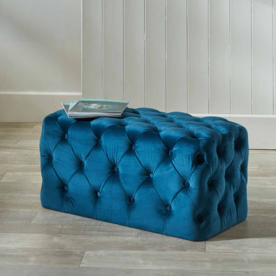 Miranda Sapphire Blue Velvet Buttoned Ottoman