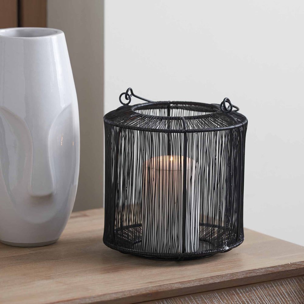 Amina Matt Black Mesh Metal Round Lantern Small