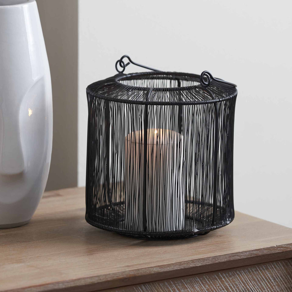 Amina Matt Black Mesh Metal Round Lantern Small