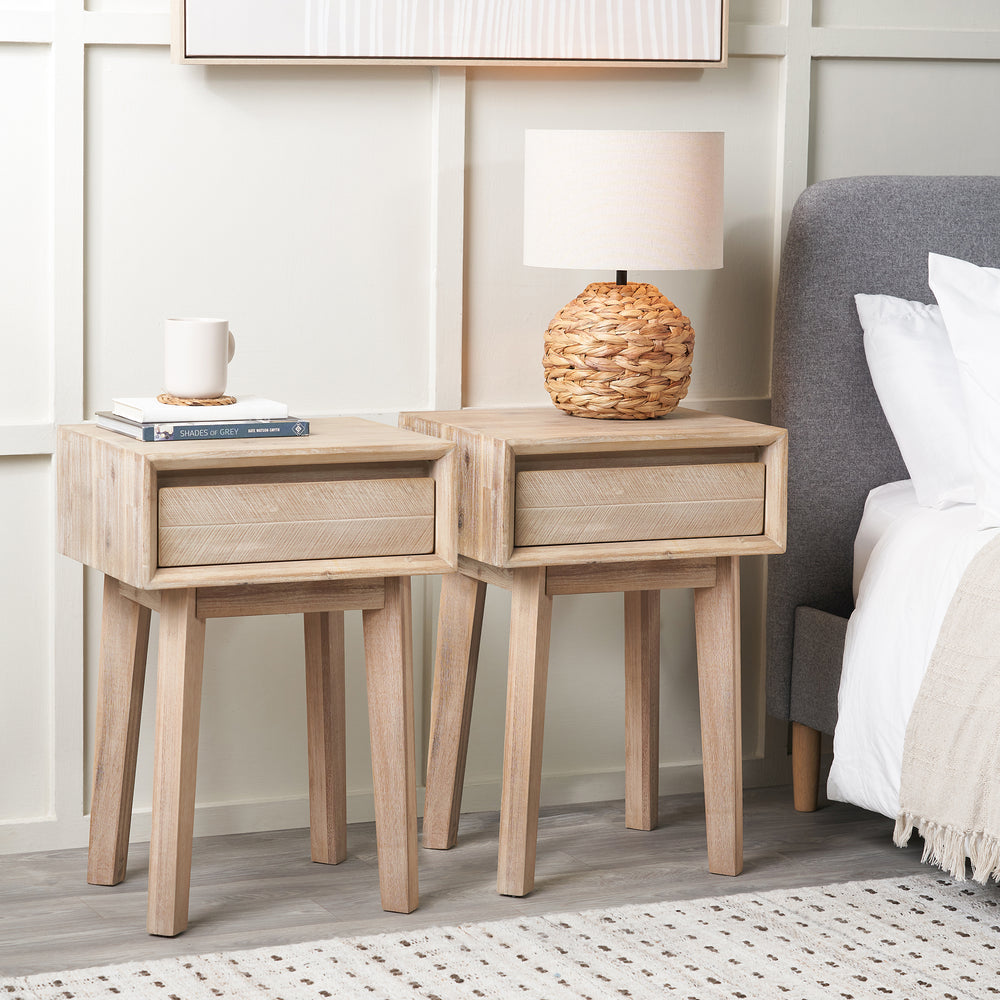 Herning Sand Wash Acacia Wood 1 Drawer Bedside Table Set Of 2