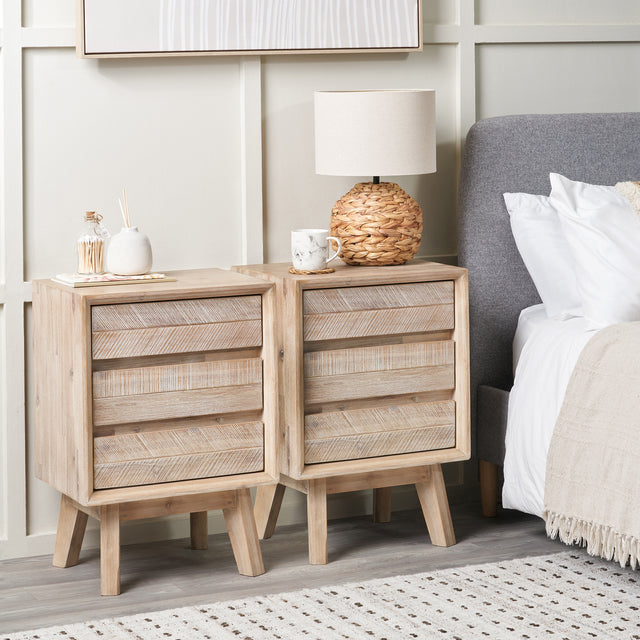 Herning Sand Wash Acacia Wood 3 Drawer Bedside Table Set Of 2