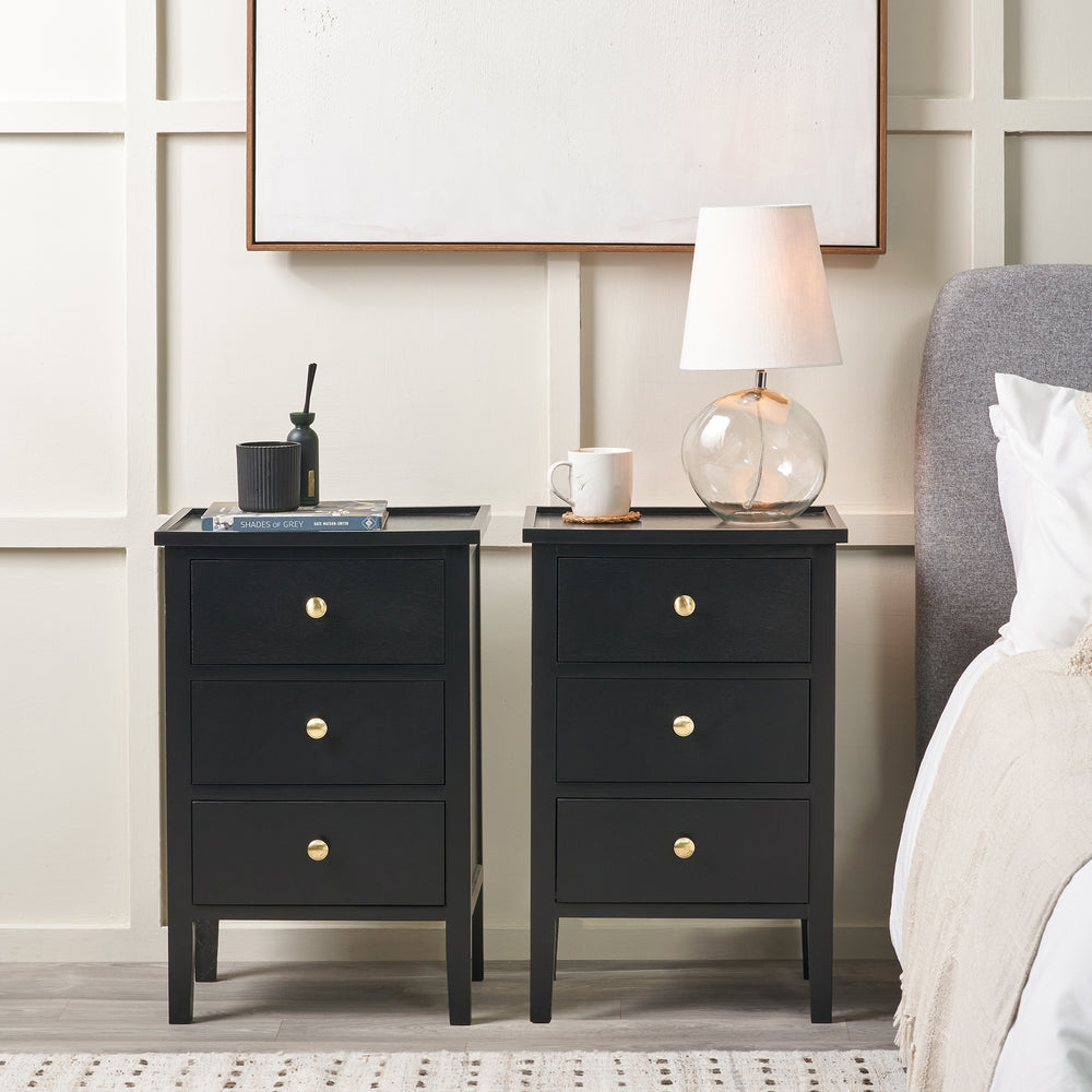 Bloomsbury Black Wood 3 Drawer Bedside Table Set Of 2