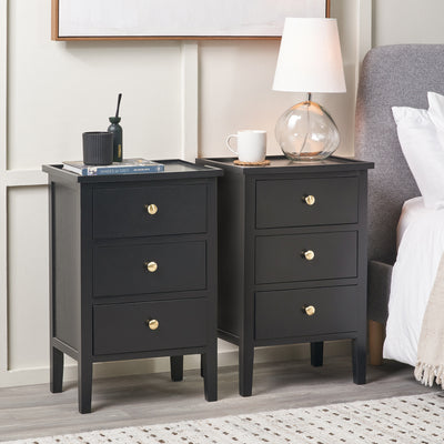 Bloomsbury Satin Black Pine Wood 3 Drawer Bedside Table Set Of 2