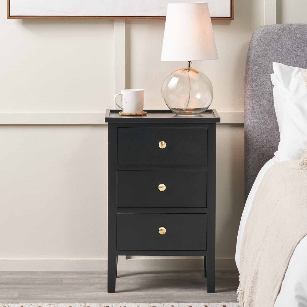 Bloomsbury Satin Black Pine Wood 3 Drawer Bedside Unit