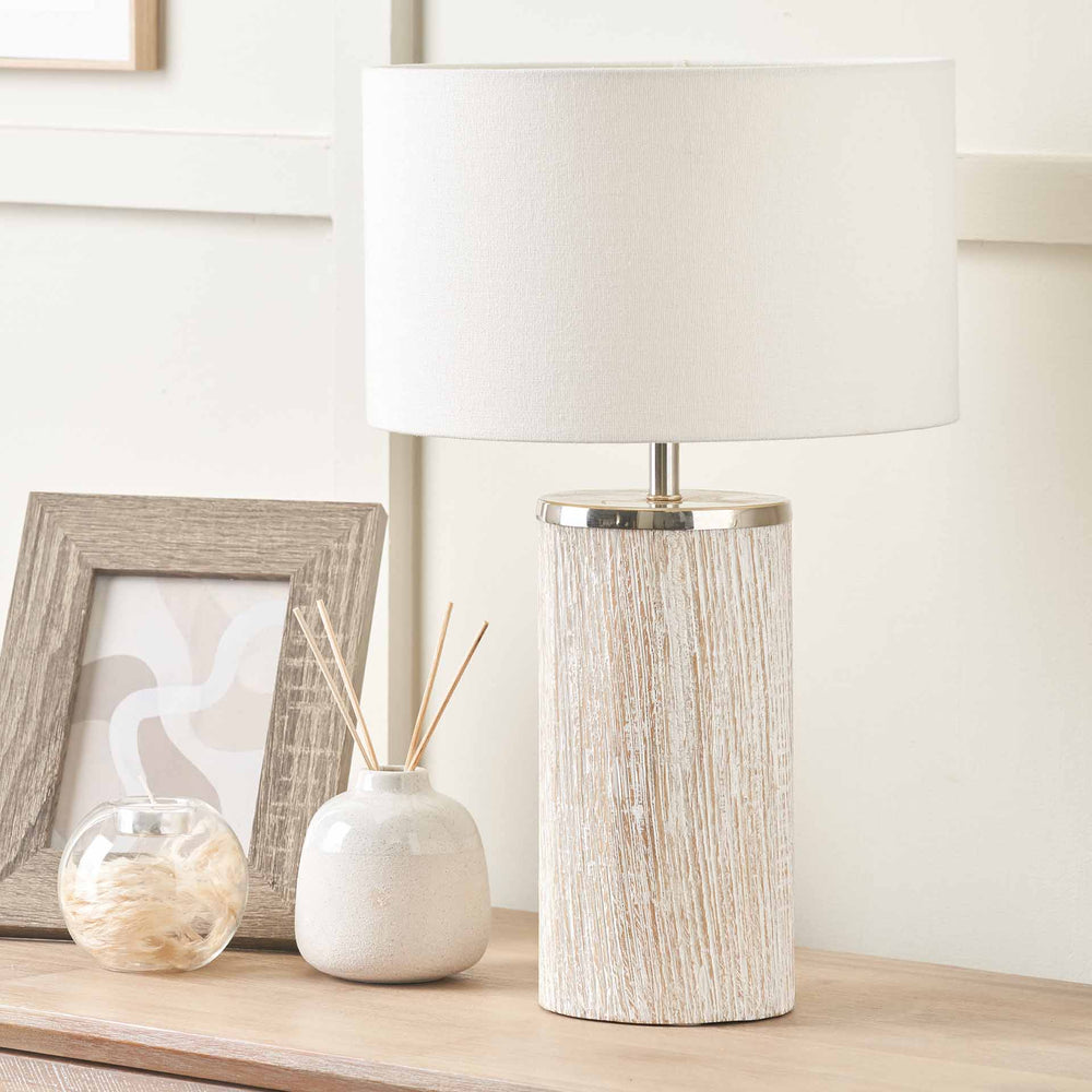 Audra White Wash Wood Column Table Lamp