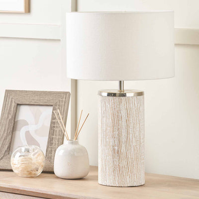 Audra White Wash Wood Column Table Lamp