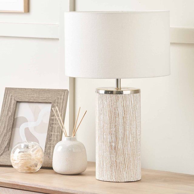 Audra White Wash Wood Column Table Lamp
