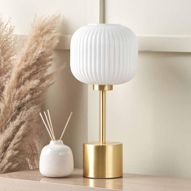 Isabelle White Ribbed Glass & Gold Table Lamp