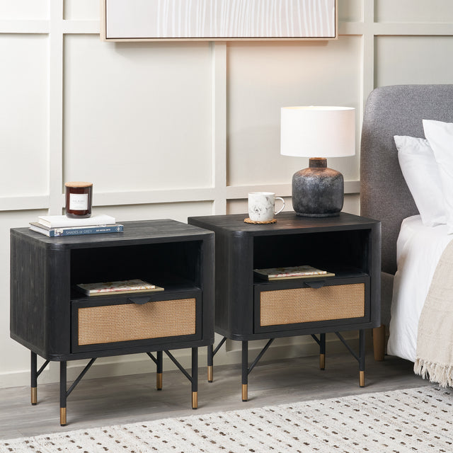 Nawi Black and Natural Rattan Bedside Table Set Of 2