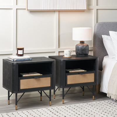 Nawi Black and Natural Rattan Bedside Table Set Of 2