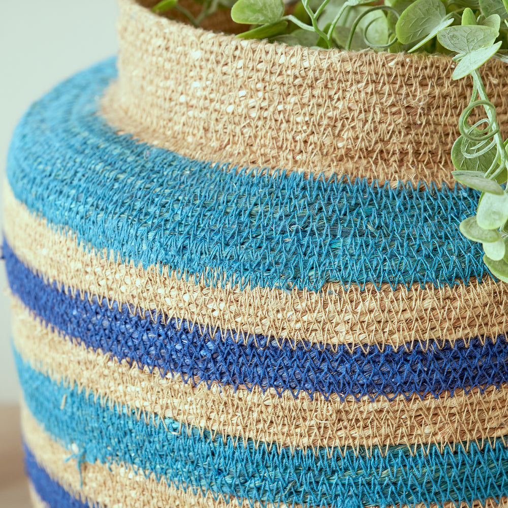 Nada Seagrass Natural, Blue and Turquoise Stripe Round Basket