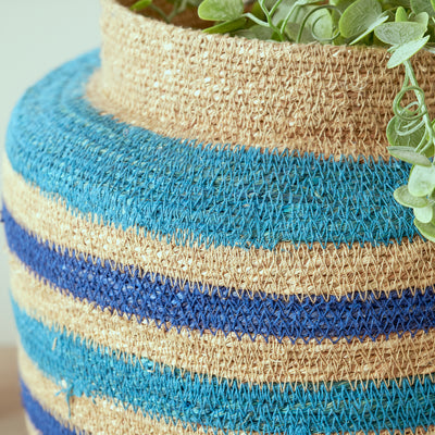 Nada Seagrass Natural, Blue and Turquoise Stripe Round Basket