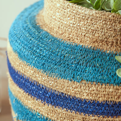Nada Seagrass Natural, Blue and Turquoise Stripe Round Basket