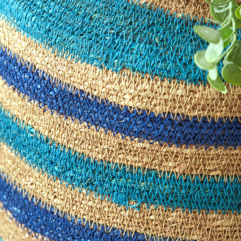 Nada Seagrass Natural, Blue and Turquoise Stripe Round Basket