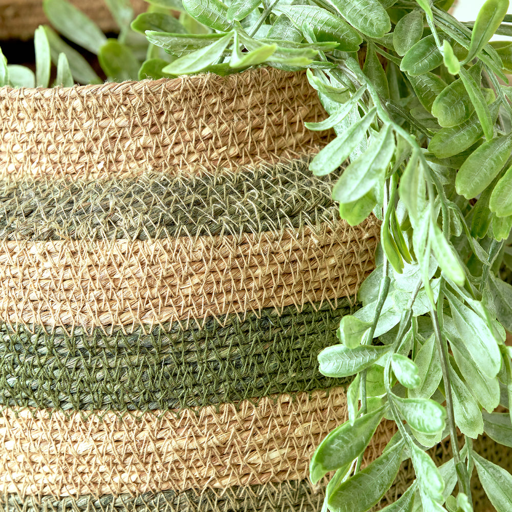 Nada Seagrass Natural, Green and Sage Stripe Round Basket