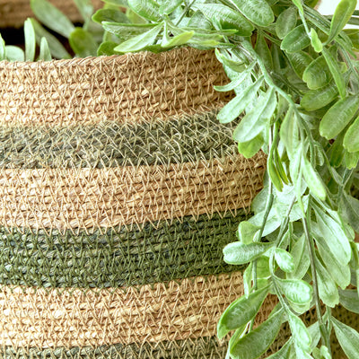 Nada Seagrass Natural, Green and Sage Stripe Round Basket