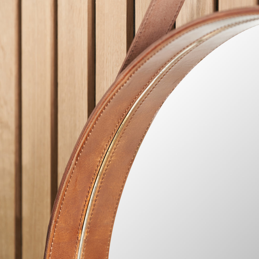 Otto Vintage Brown Leather Frame Round Wall Mirror