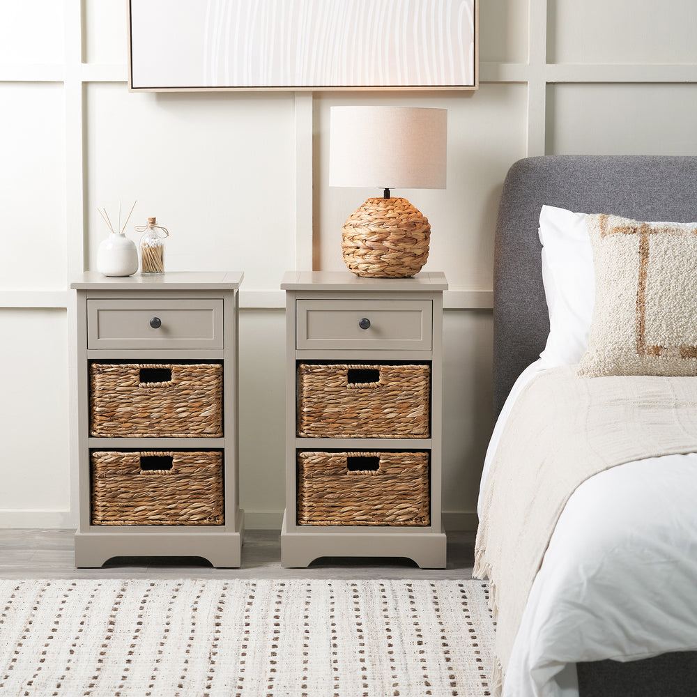 Hartland Putty Pine Wood and Banana Leaf Bedside Table Set Of 2