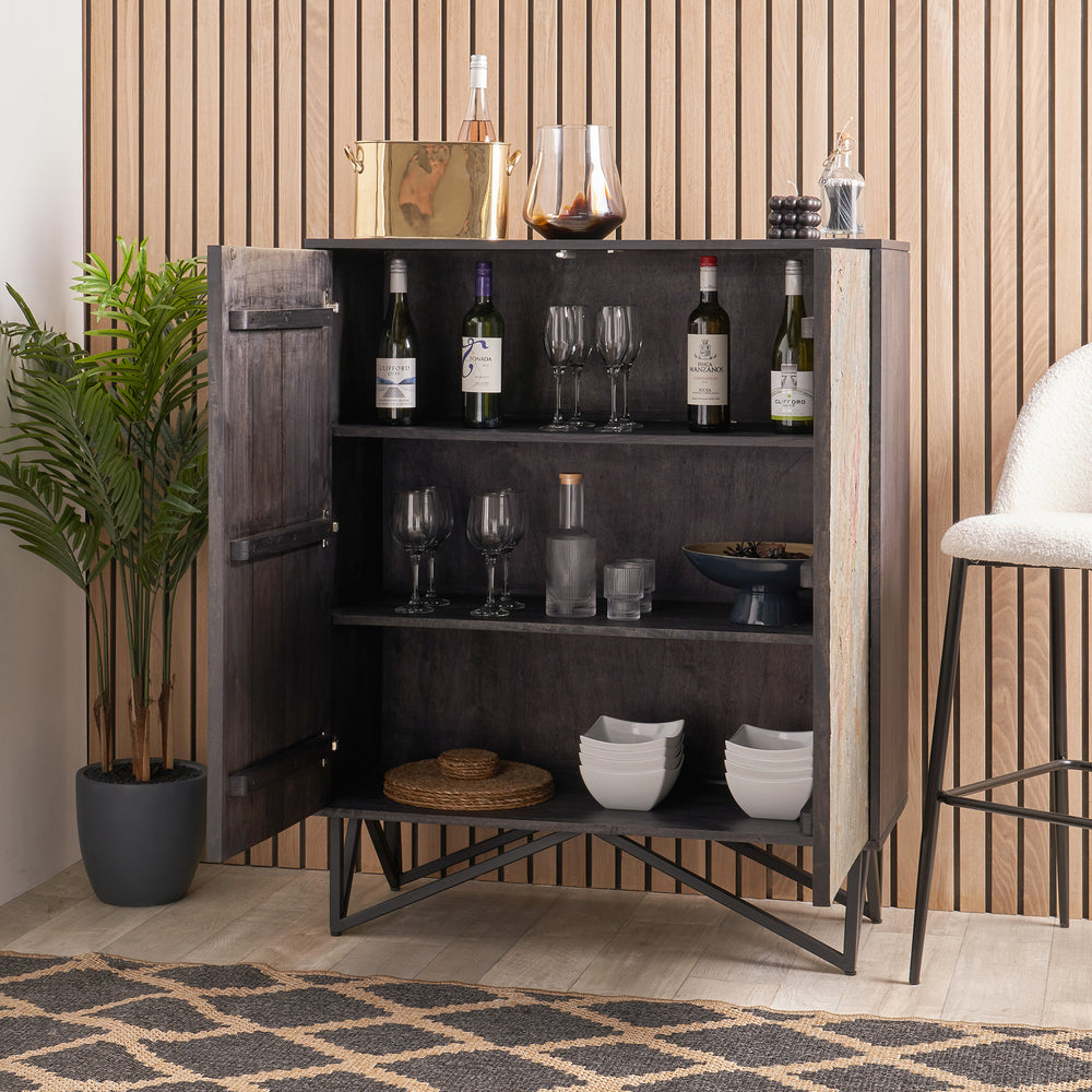 Dasia Black Mango Wood and Stone Veneer Bar Cabinet