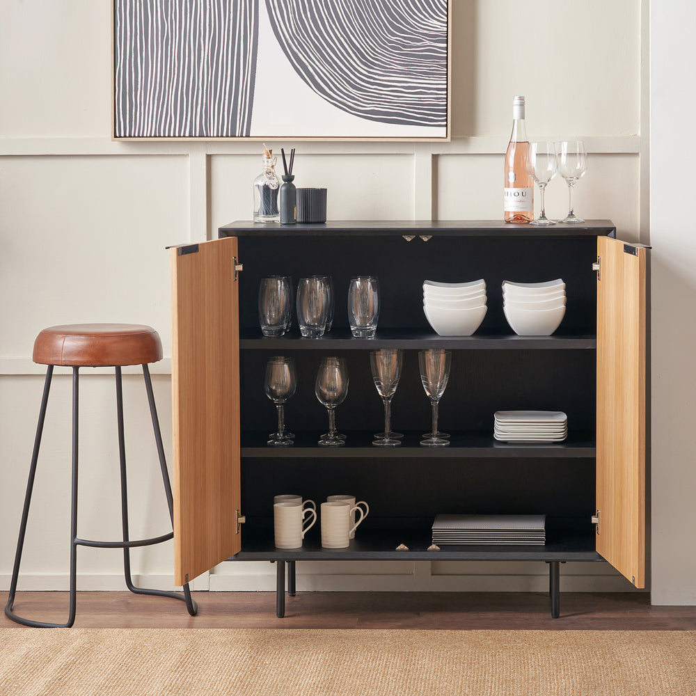 Rhylie Black and Natural Chevron Oak Wood Bar Cabinet