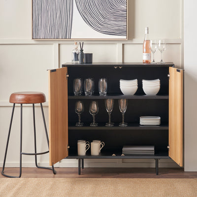 Rhylie Black and Natural Chevron Oak Wood Bar Cabinet