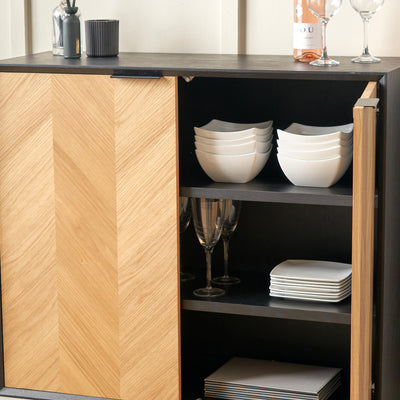 Rhylie Black and Natural Chevron Oak Wood Bar Cabinet