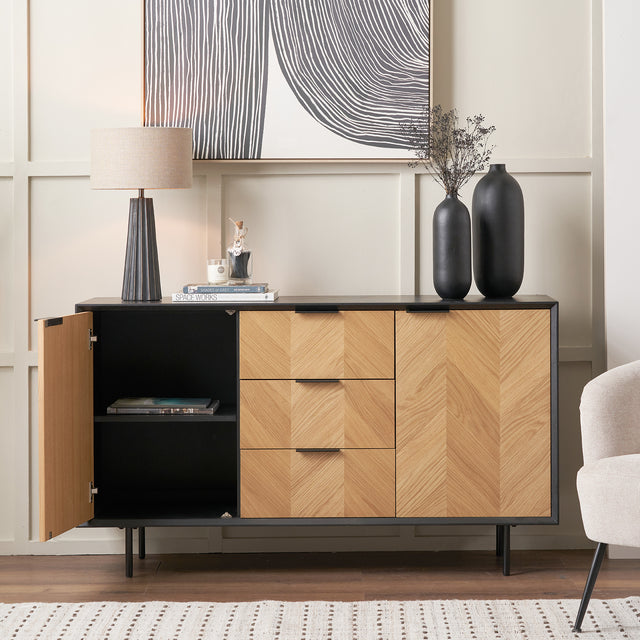 Rhylie Black and Natural Chevron Oak Wood Sideboard