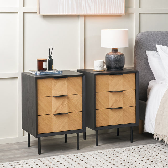 Rhylie Black and Natural Chevron Oak Wood Bedside Table Set Of 2