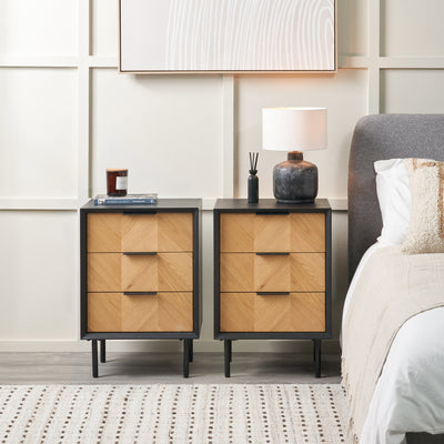 Rhylie Black and Natural Chevron Oak Wood Bedside Table Set Of 2