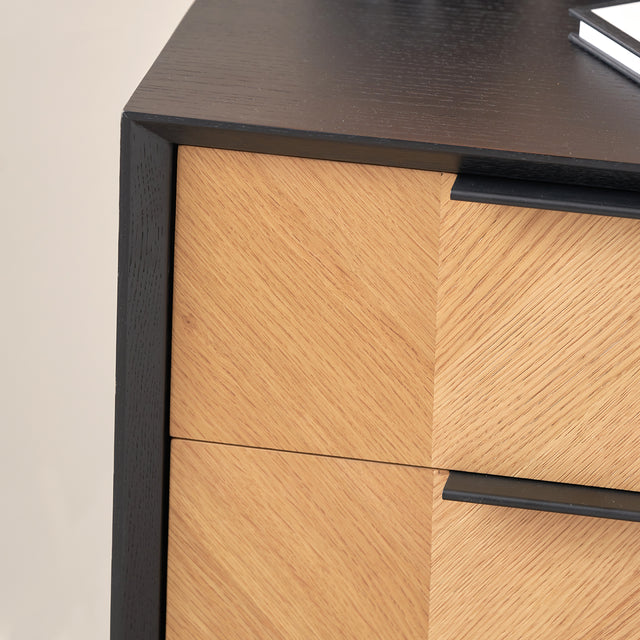 Rhylie Black and Natural Chevron Oak Wood Bedside Table Set Of 2