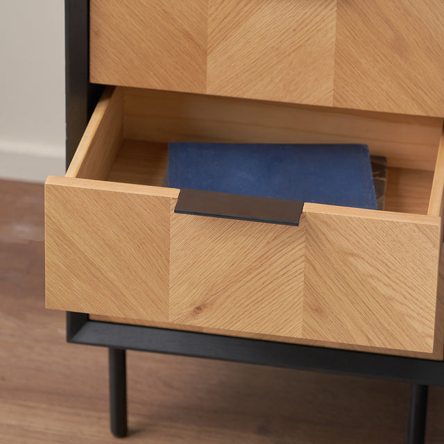 Rhylie Black and Natural Chevron Oak Wood Bedside Table Set Of 2