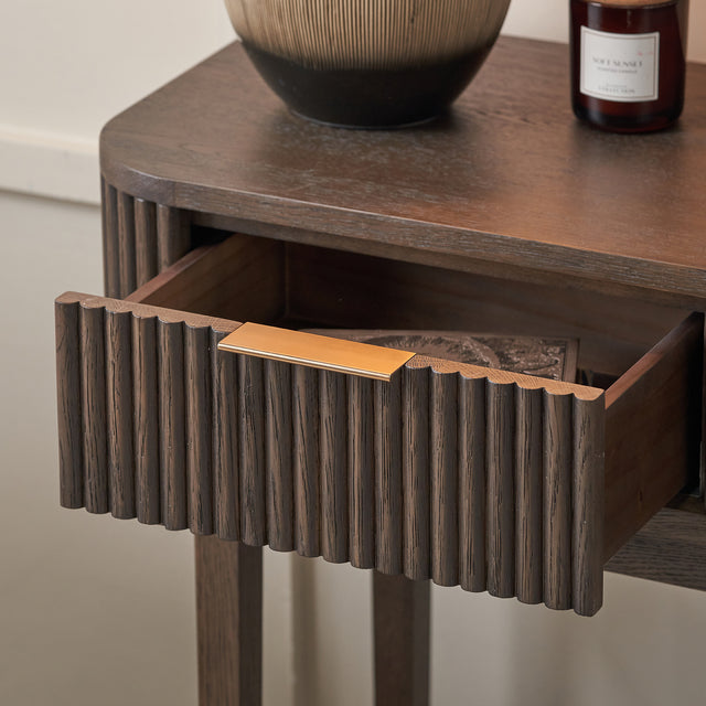 Reya Dark Brown Ribbed Oak Wood Console Table