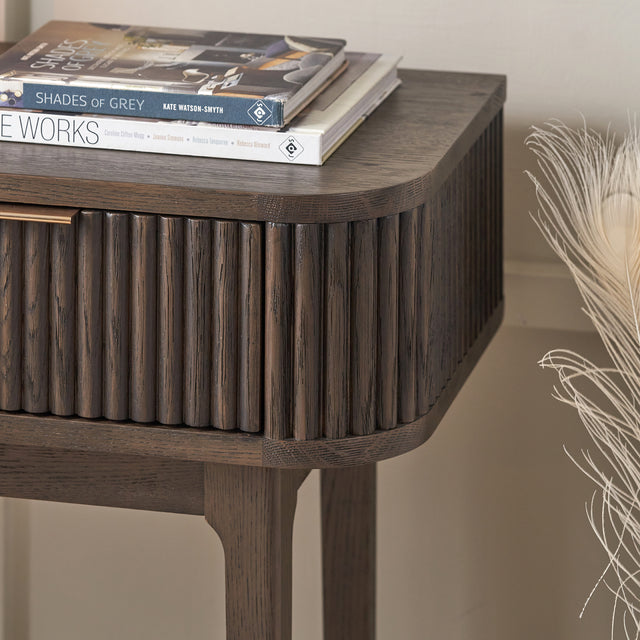 Reya Dark Brown Ribbed Oak Wood Console Table