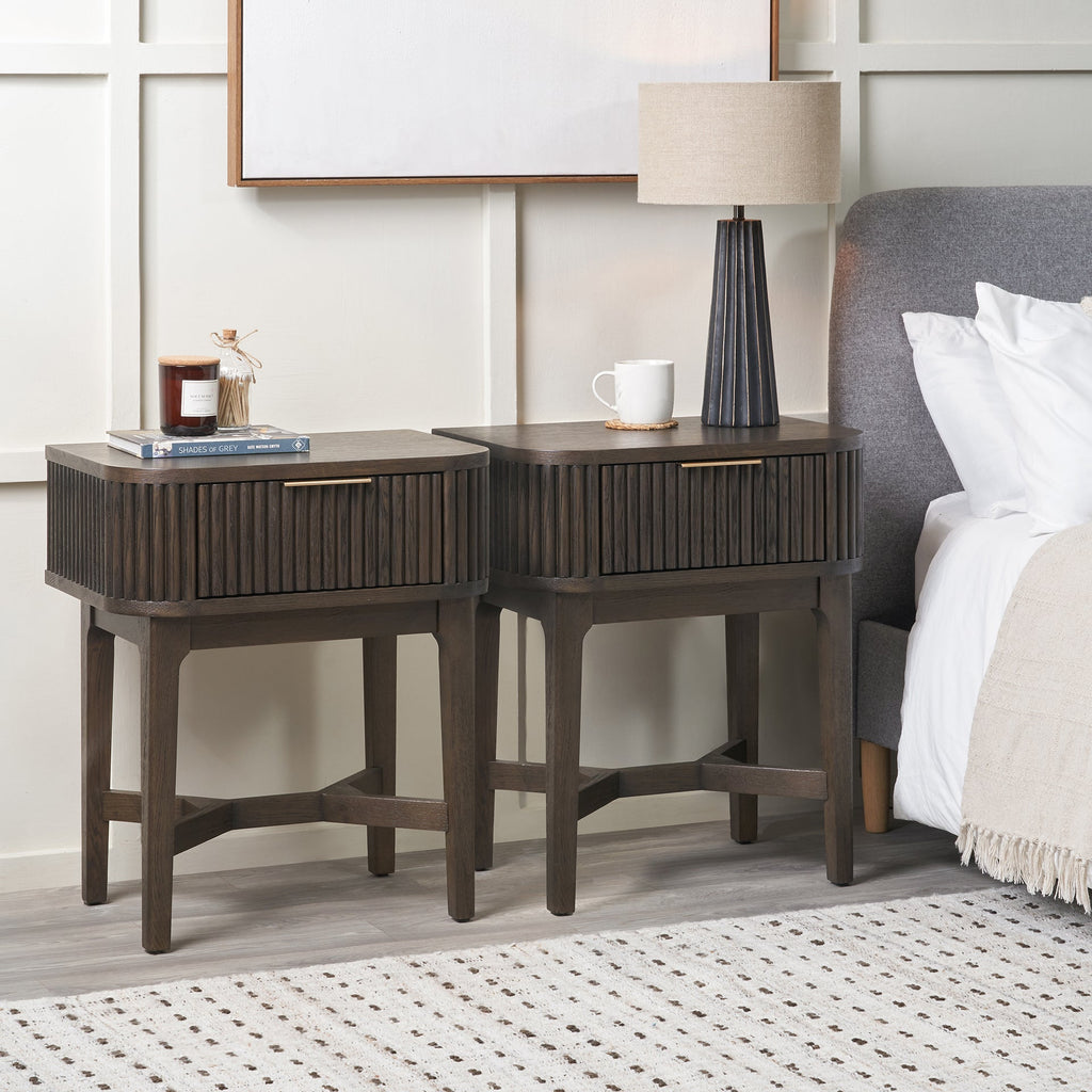 Guild Table Reya Dark Brown Ribbed Oak Wood Bedside Table Set Of 2 | Furniture