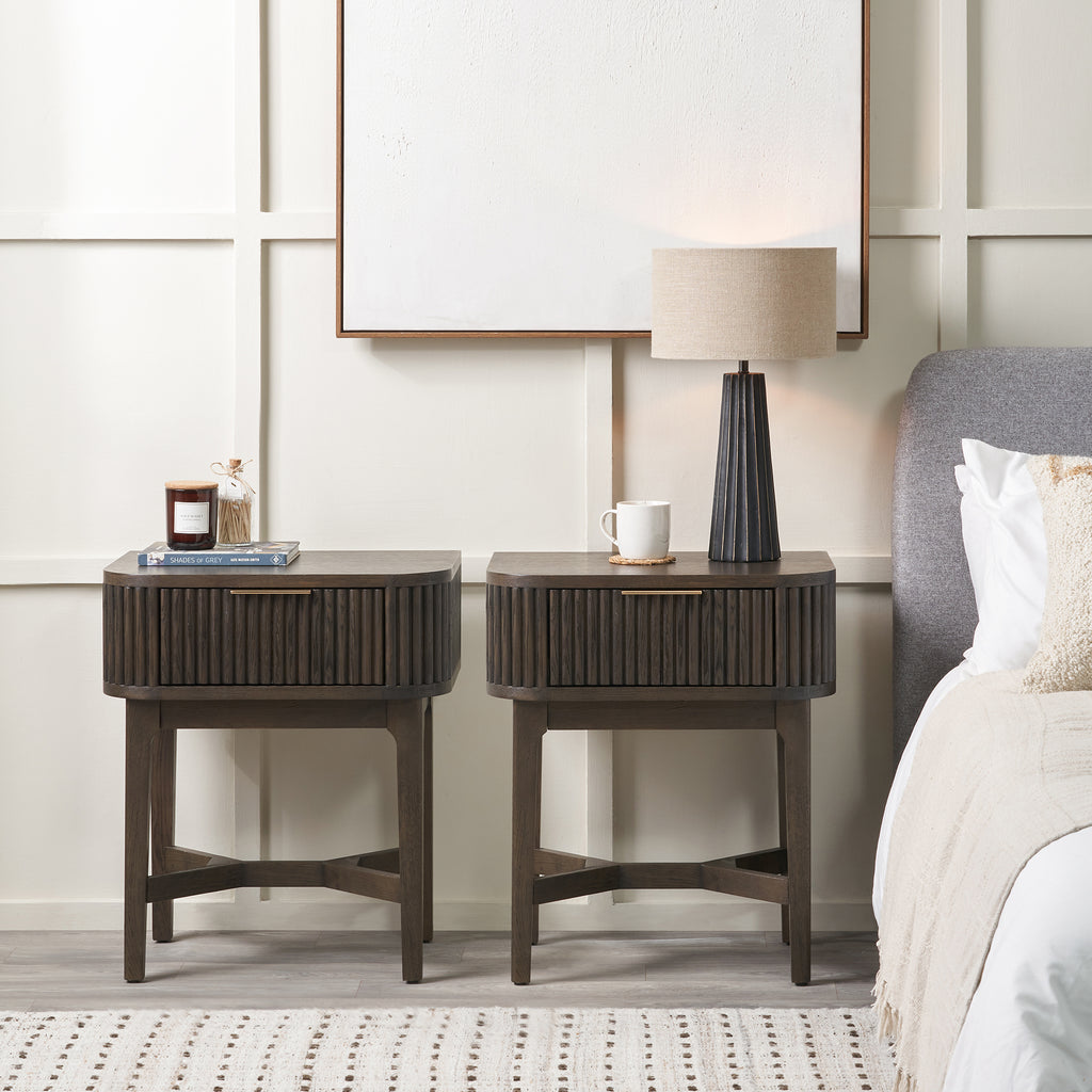 Reya Dark Brown Ribbed Oak Wood Bedside Table Set Of 2 | Furniture