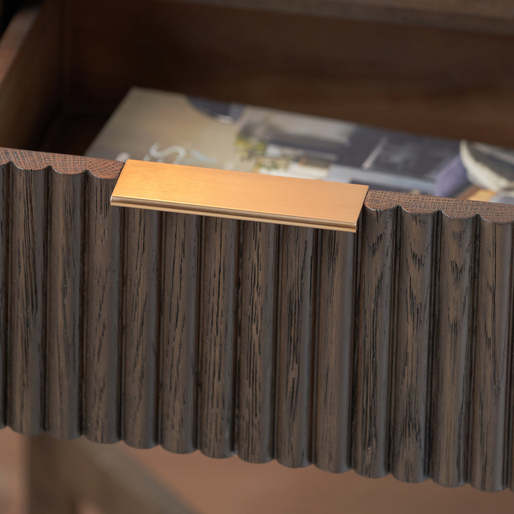 Reya Dark Brown Ribbed Oak Wood Bedside Table Set Of 2