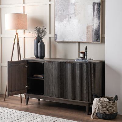 Reya Dark Brown Ribbed Oak Wood Sideboard
