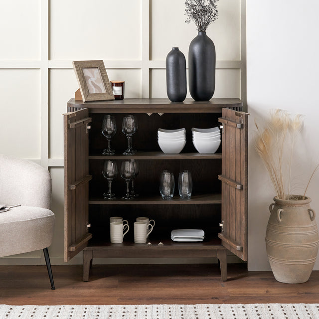Reya Dark Brown Ribbed Oak Wood Bar Cabinet