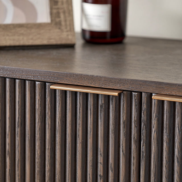 Reya Dark Brown Ribbed Oak Wood Bar Cabinet