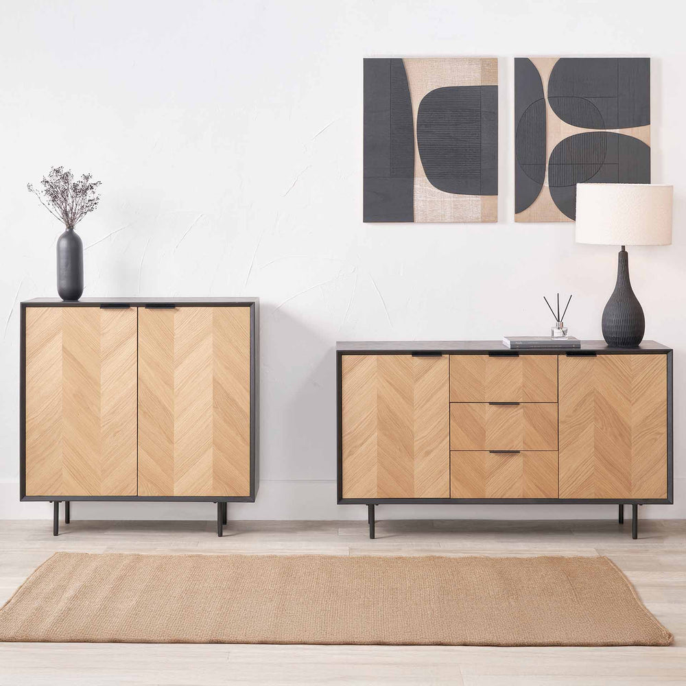 Rhylie Black and Chevron Oak Wood Dining Room Furniture Set