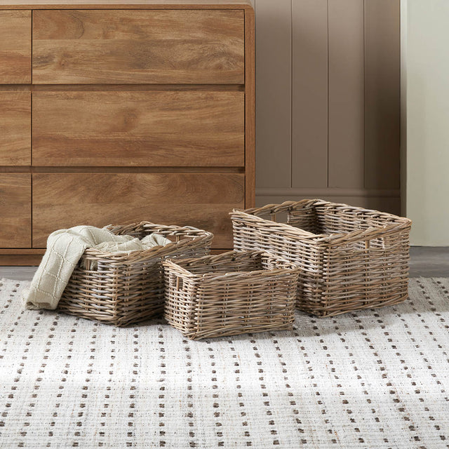 Hani Grey Kubu Rectangular Storage Baskets with Inset Handles S/3