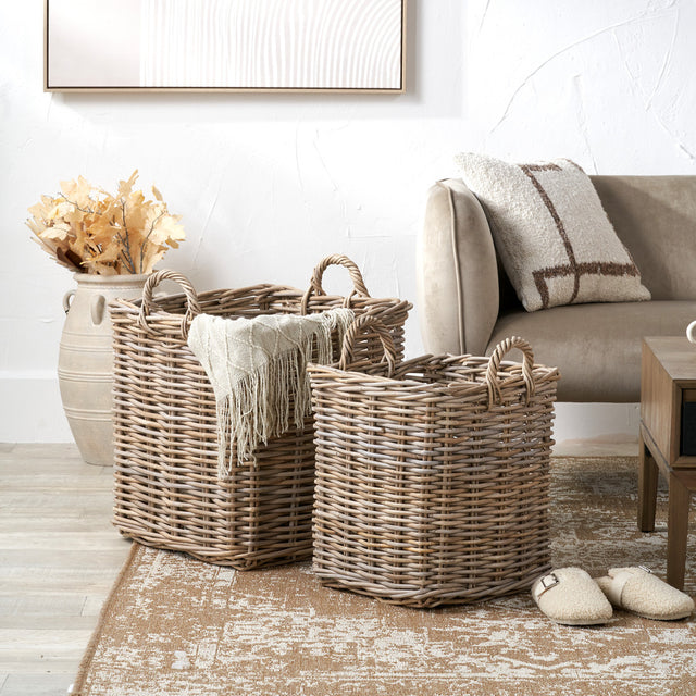 Laras Grey Rattan Square Log Baskets S/2