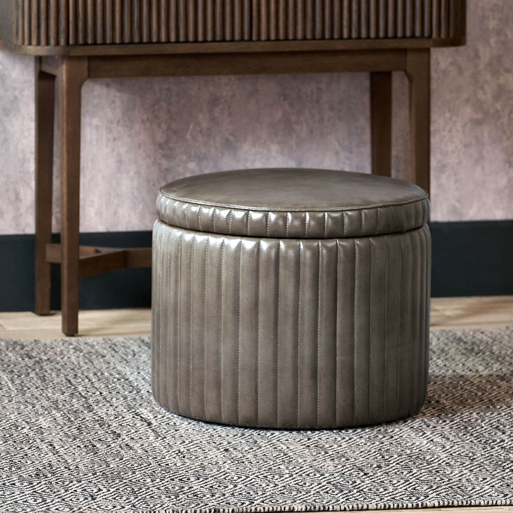 Josias Peppercorn Leather Round Storage Pouffe