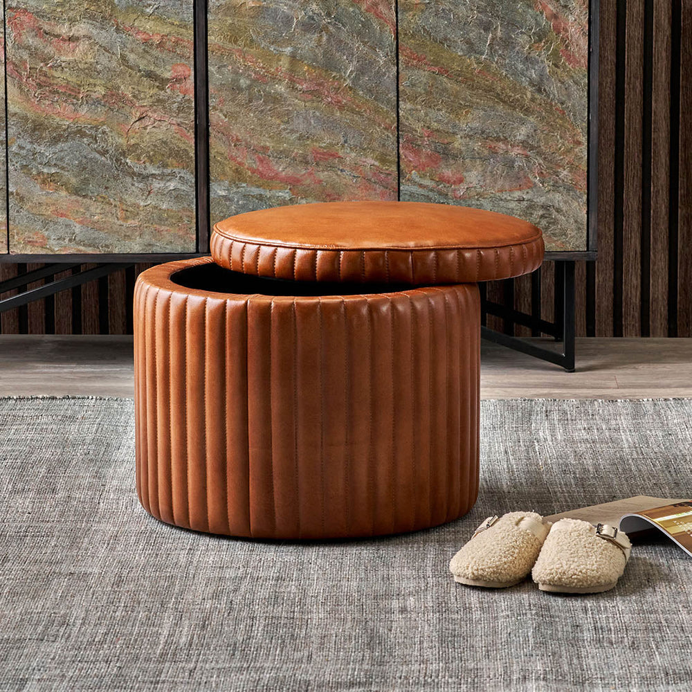 Josias Vintage Brown Leather Round Storage Pouffe